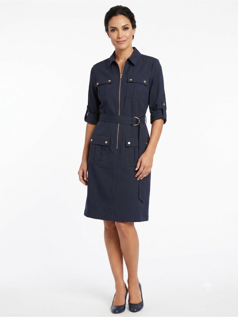 Sharagano Navy Utility Shirt Dress Gold Zip Belted Size 8 Career Midi Dress